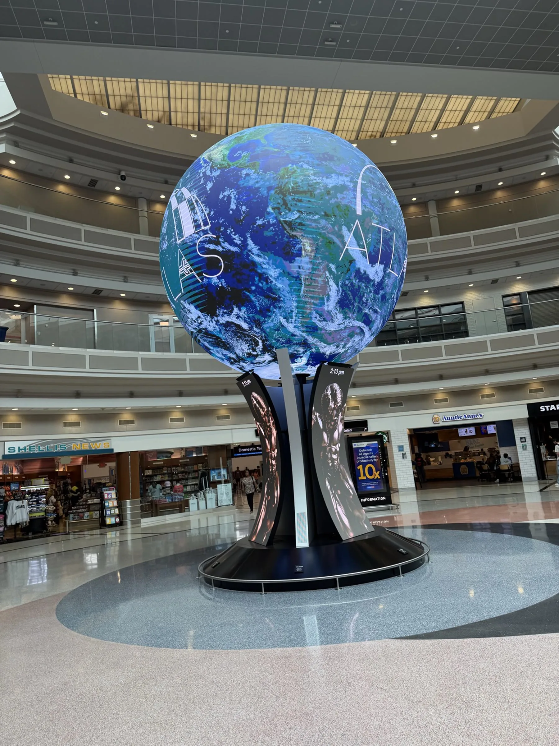 The digital globe installation in the domestic terminal atrium at Hartsfield-Jackson Atlanta International Airport