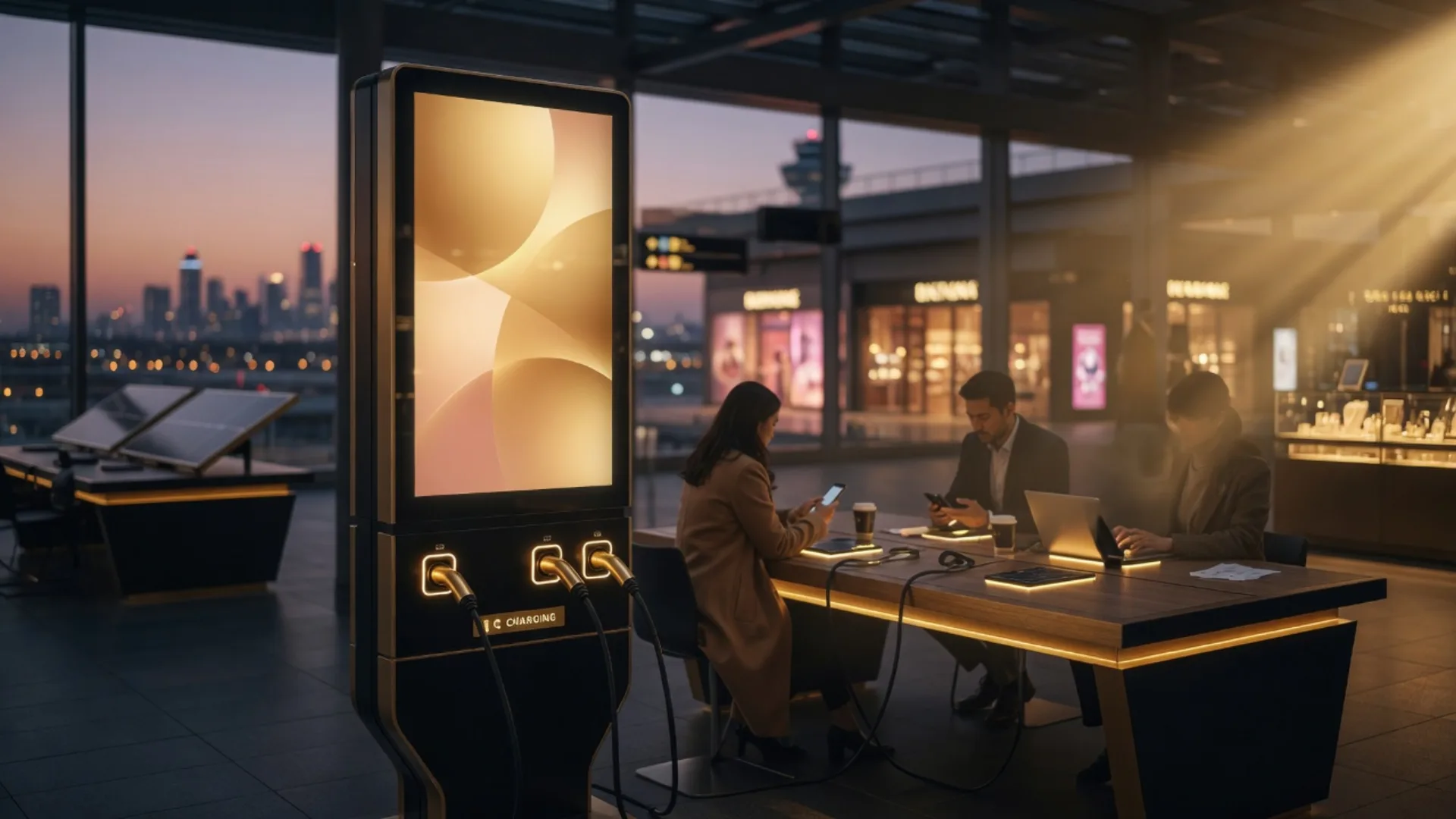Charging kiosk, solar tables, and digital screens working together in an airport concourse at dusk