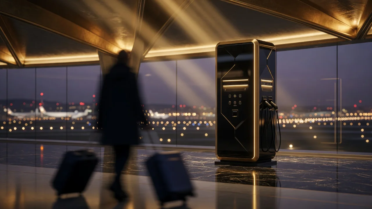 DM Diversified charging kiosk overlooking a city skyline at dusk