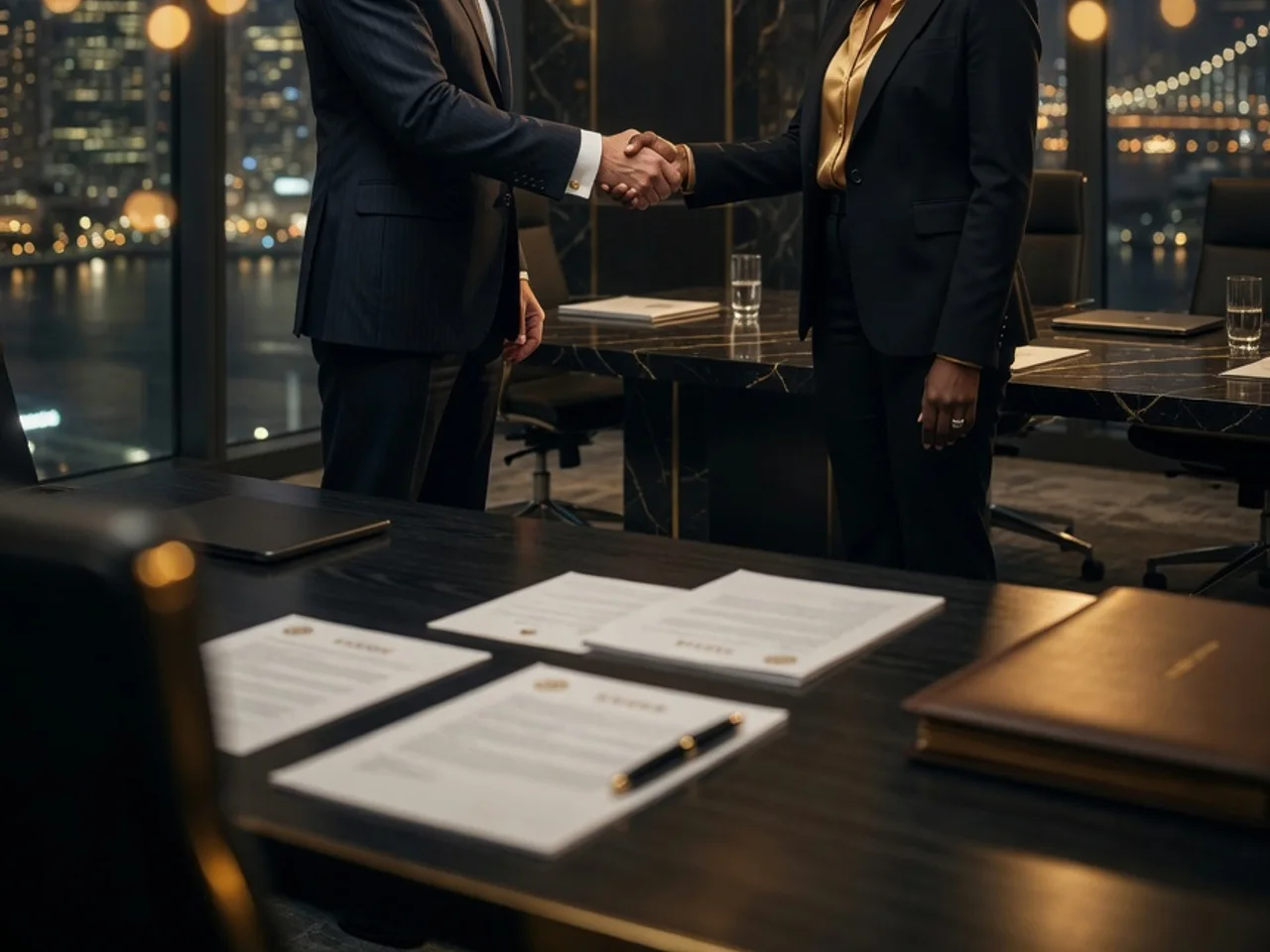 Partners shaking hands in a boardroom