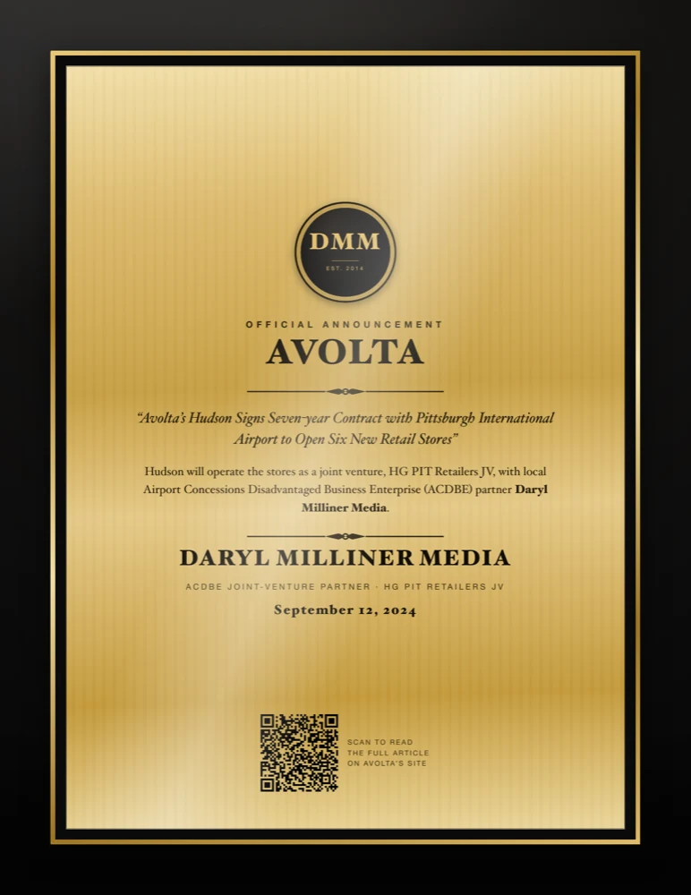 Press plaque: Avolta announces the Pittsburgh International Airport contract, naming Daryl Milliner Media as ACDBE joint-venture partner, September 12, 2024