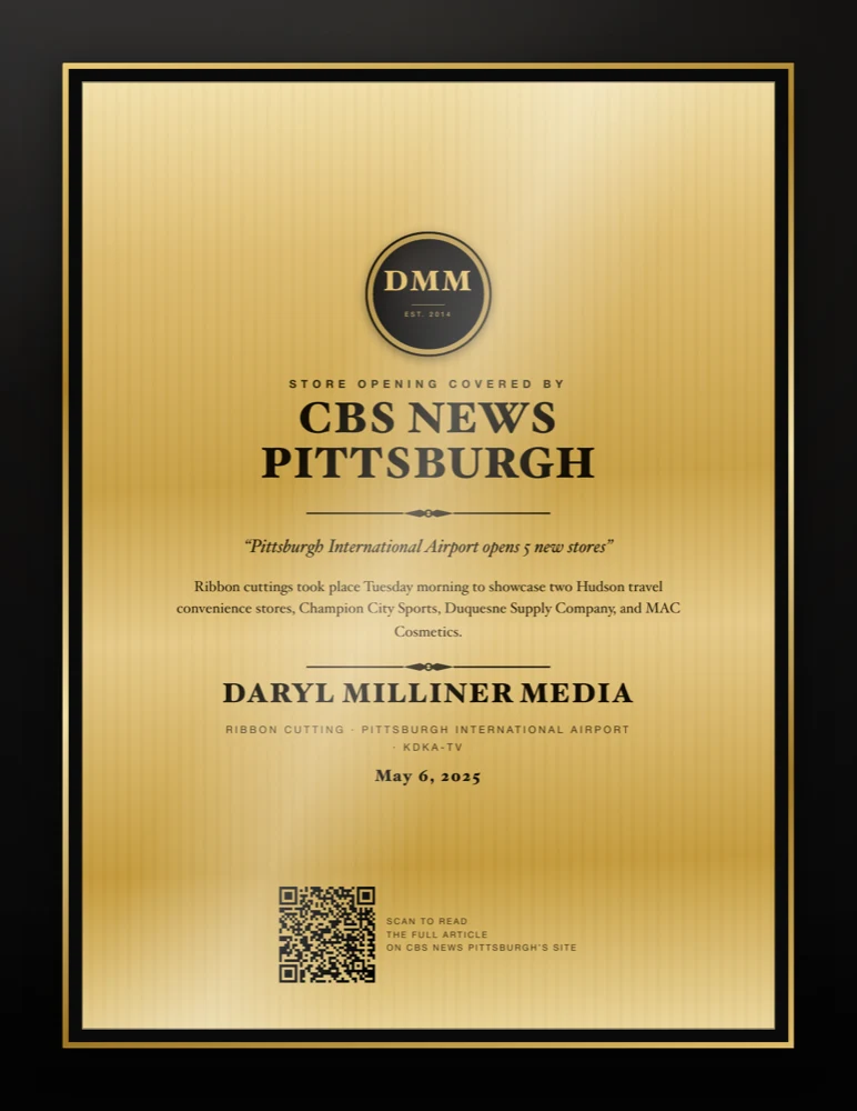 Press plaque: CBS News Pittsburgh covers the ribbon cutting as five new stores open at Pittsburgh International Airport, May 6, 2025