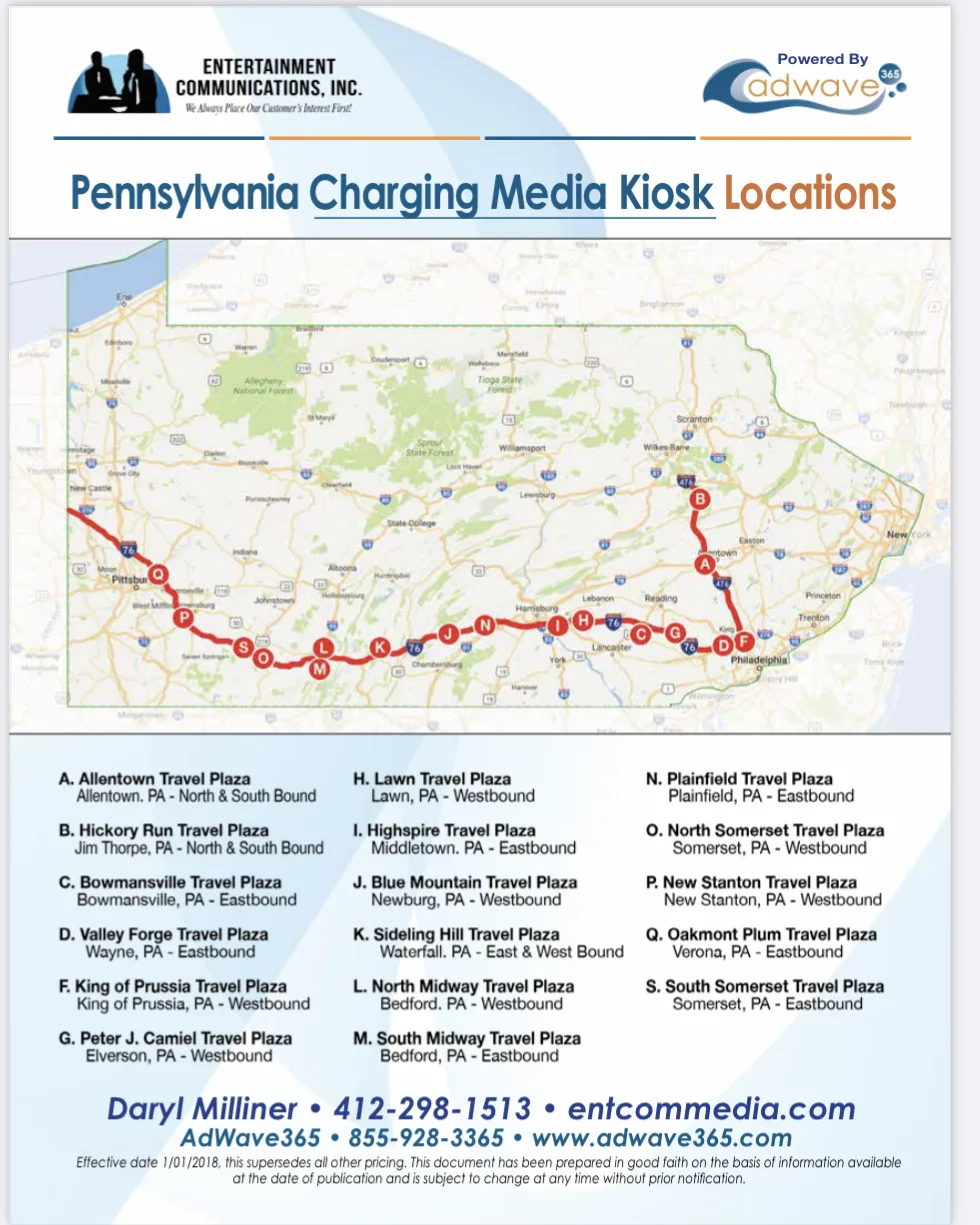 Entertainment Communications 2018 rate card — the seventeen Pennsylvania Turnpike charging-media kiosk locations, mapped from Pittsburgh to Philadelphia