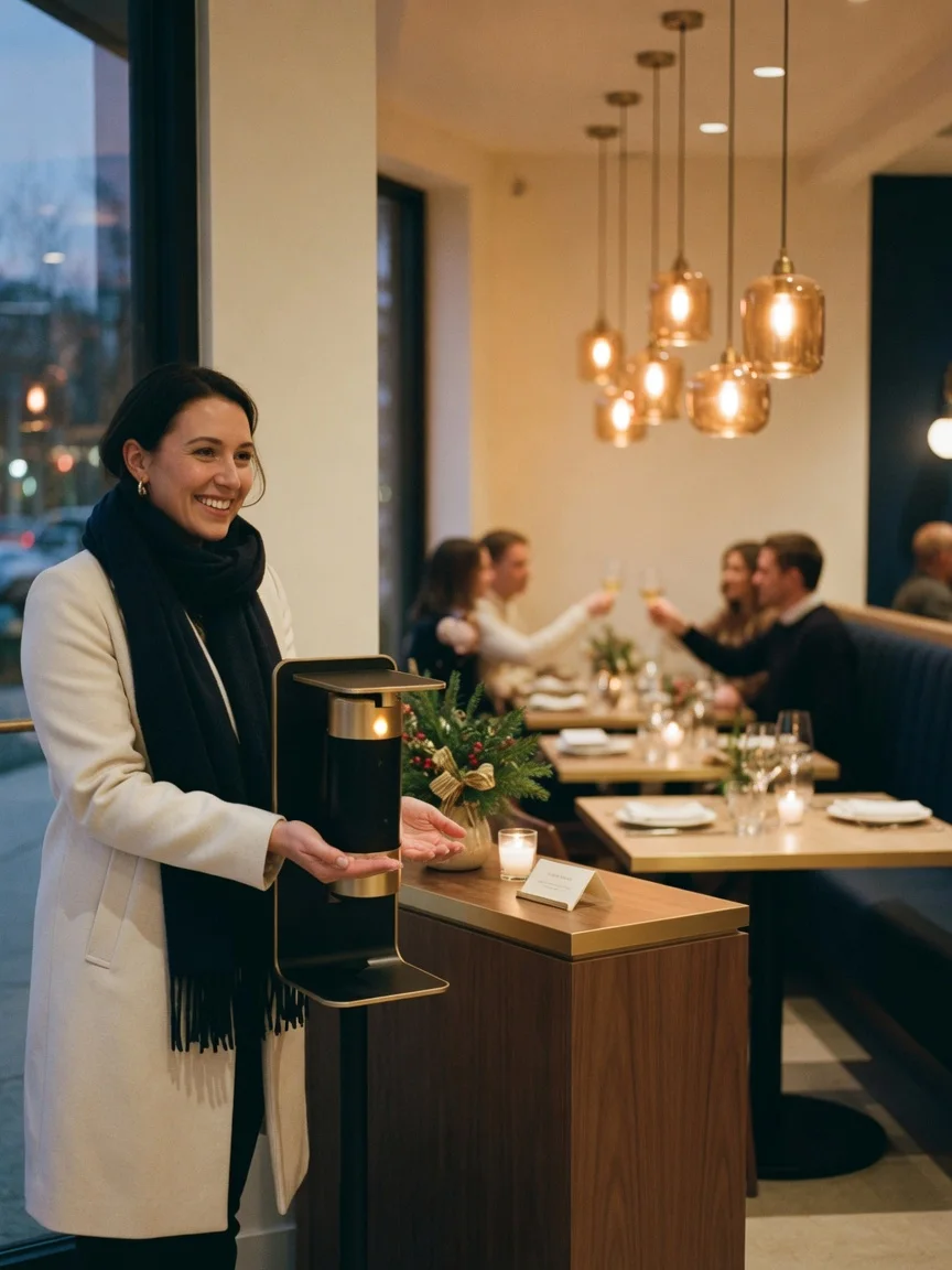 A guest uses a touch-free hand sanitizer station at a restaurant host stand